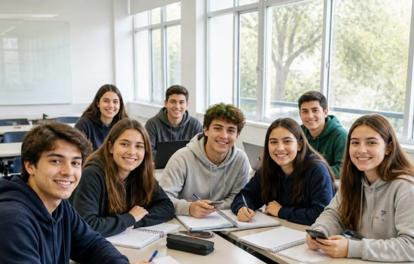Estudiantes de enseñanza media estudiando juntos en la sala de clases